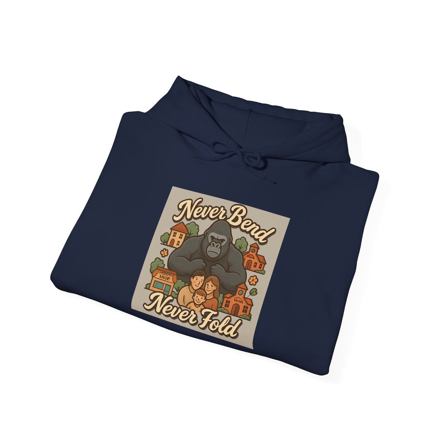 Gorilla 'Never Bend, Never Fold' Hoodie — Retro Strength Graphic Sweatshirt