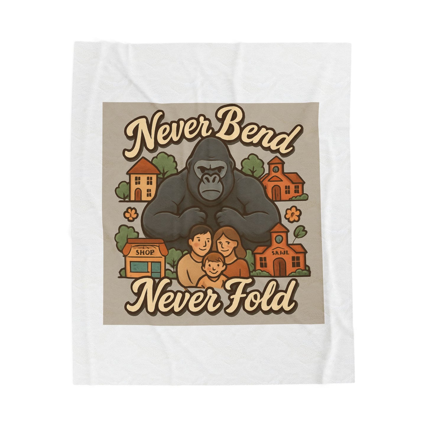 Velveteen Blanket — "Never Bend Never Fold" Gorilla Family Cozy Throw