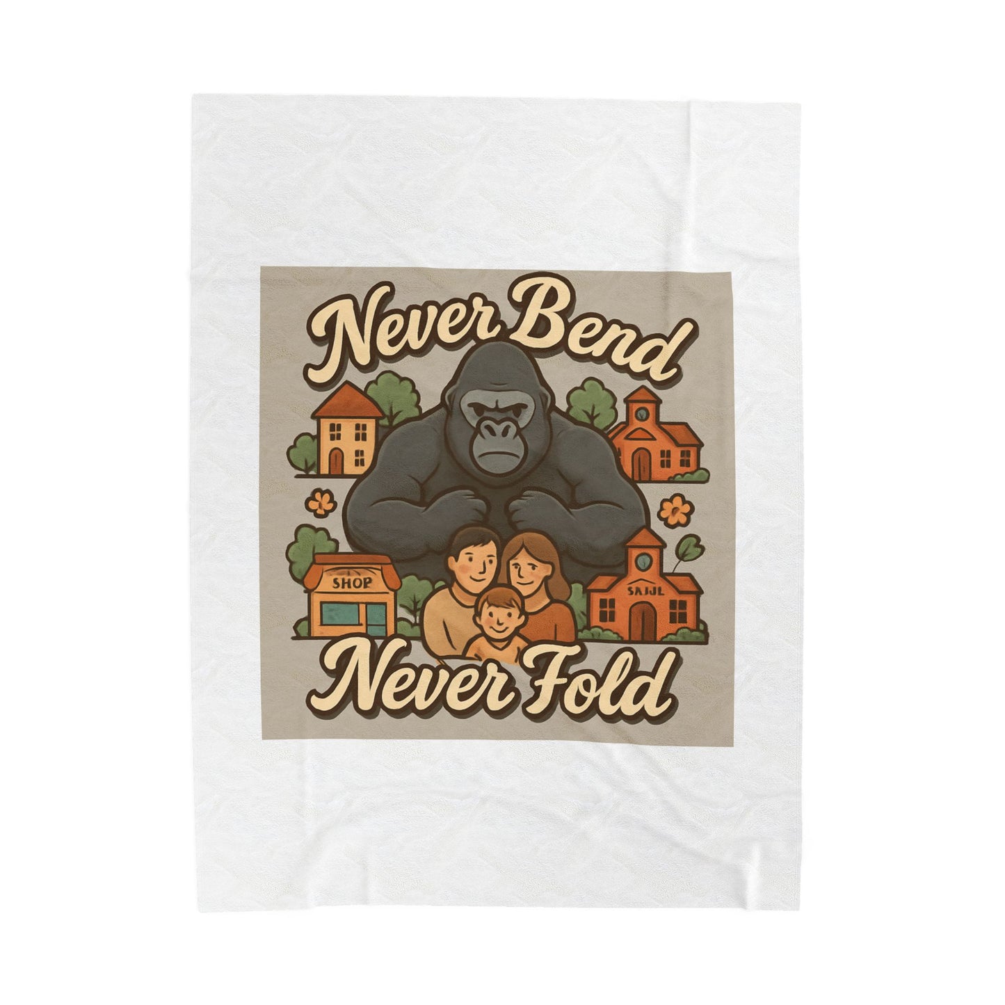 Velveteen Blanket — "Never Bend Never Fold" Gorilla Family Cozy Throw