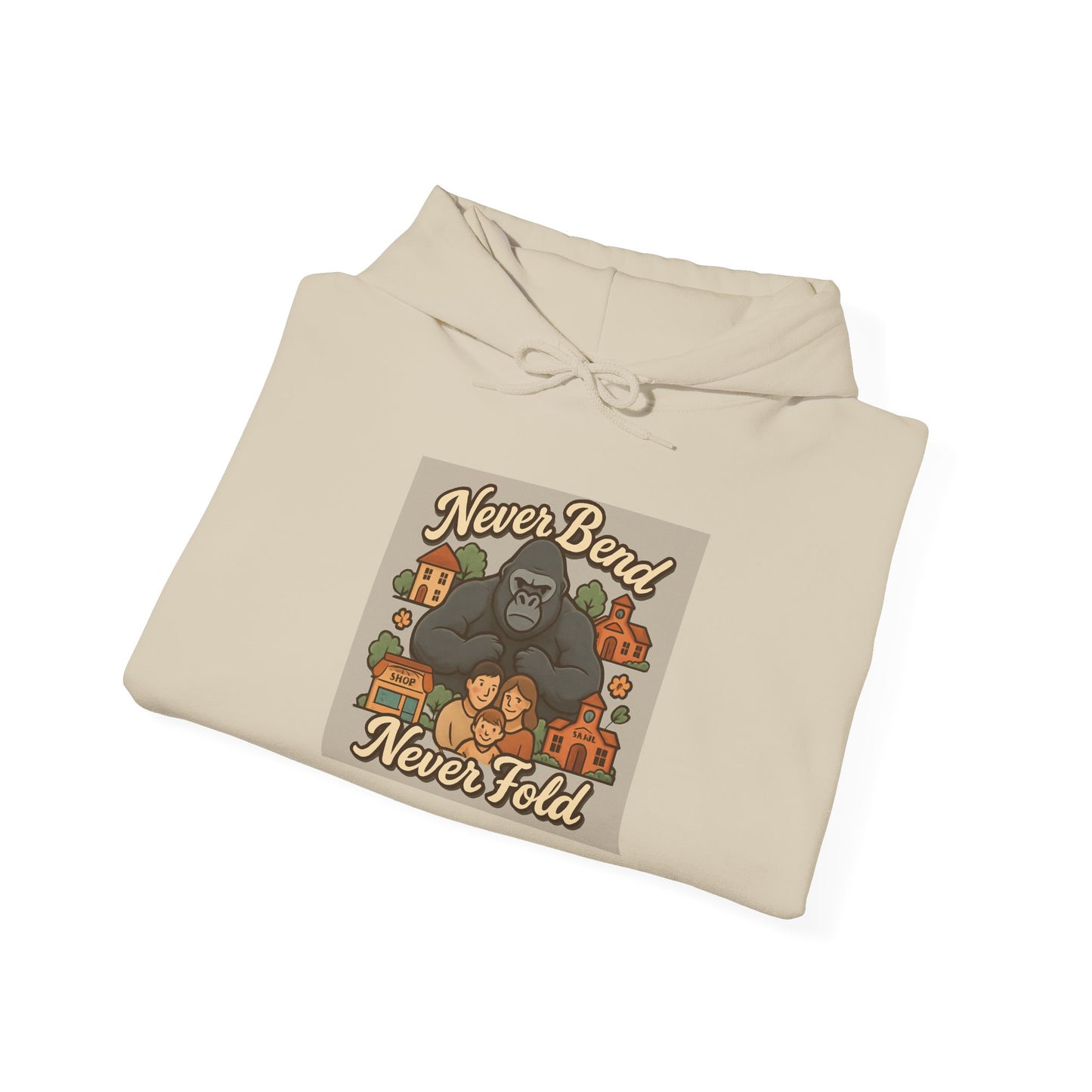 Gorilla 'Never Bend, Never Fold' Hoodie — Retro Strength Graphic Sweatshirt