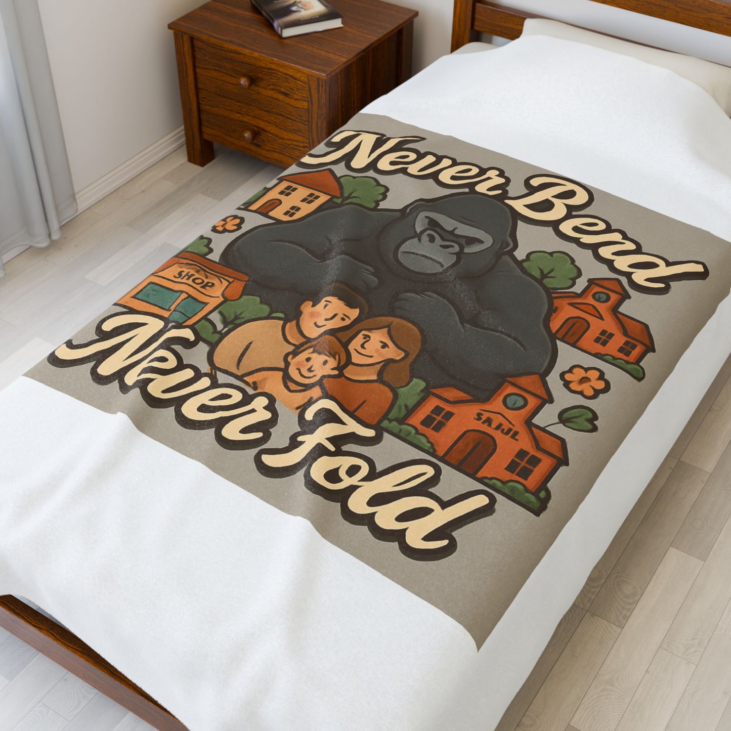 Velveteen Blanket — "Never Bend Never Fold" Gorilla Family Cozy Throw
