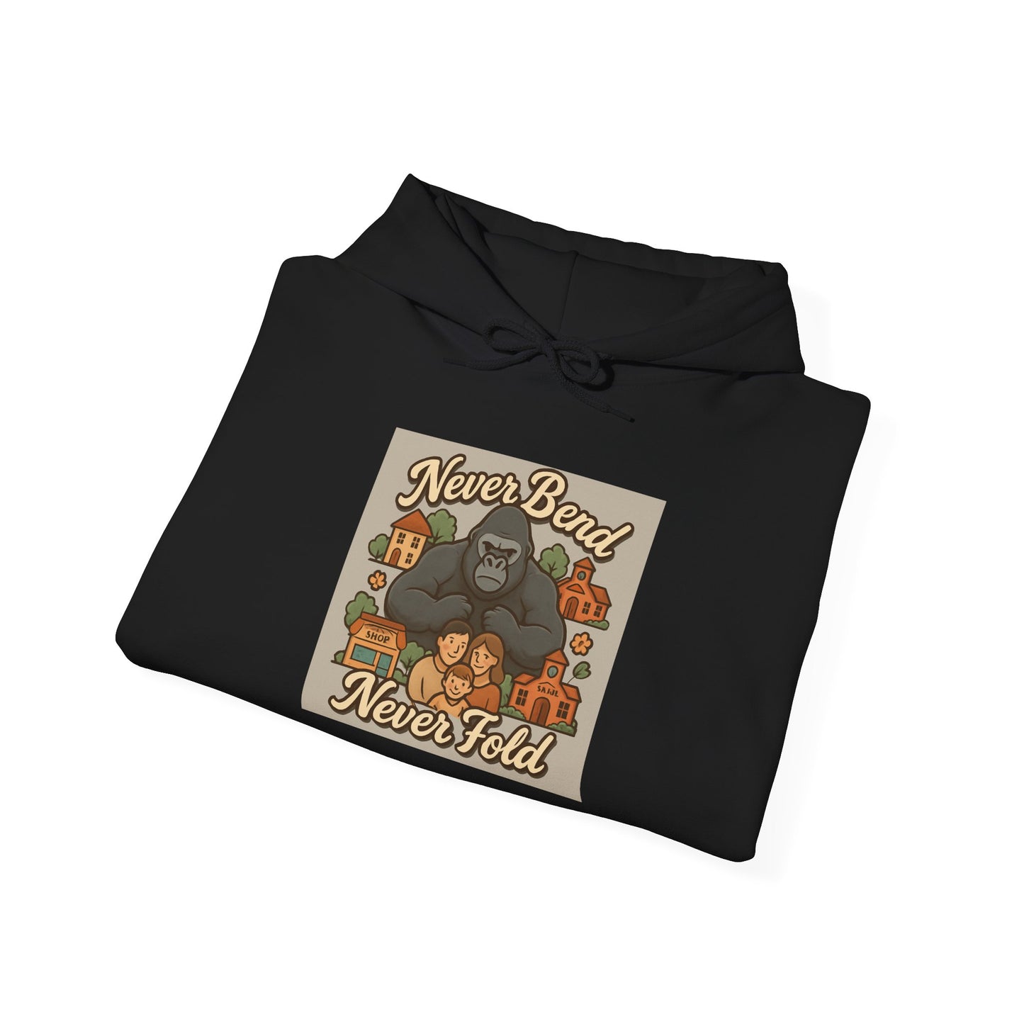 Gorilla 'Never Bend, Never Fold' Hoodie — Retro Strength Graphic Sweatshirt