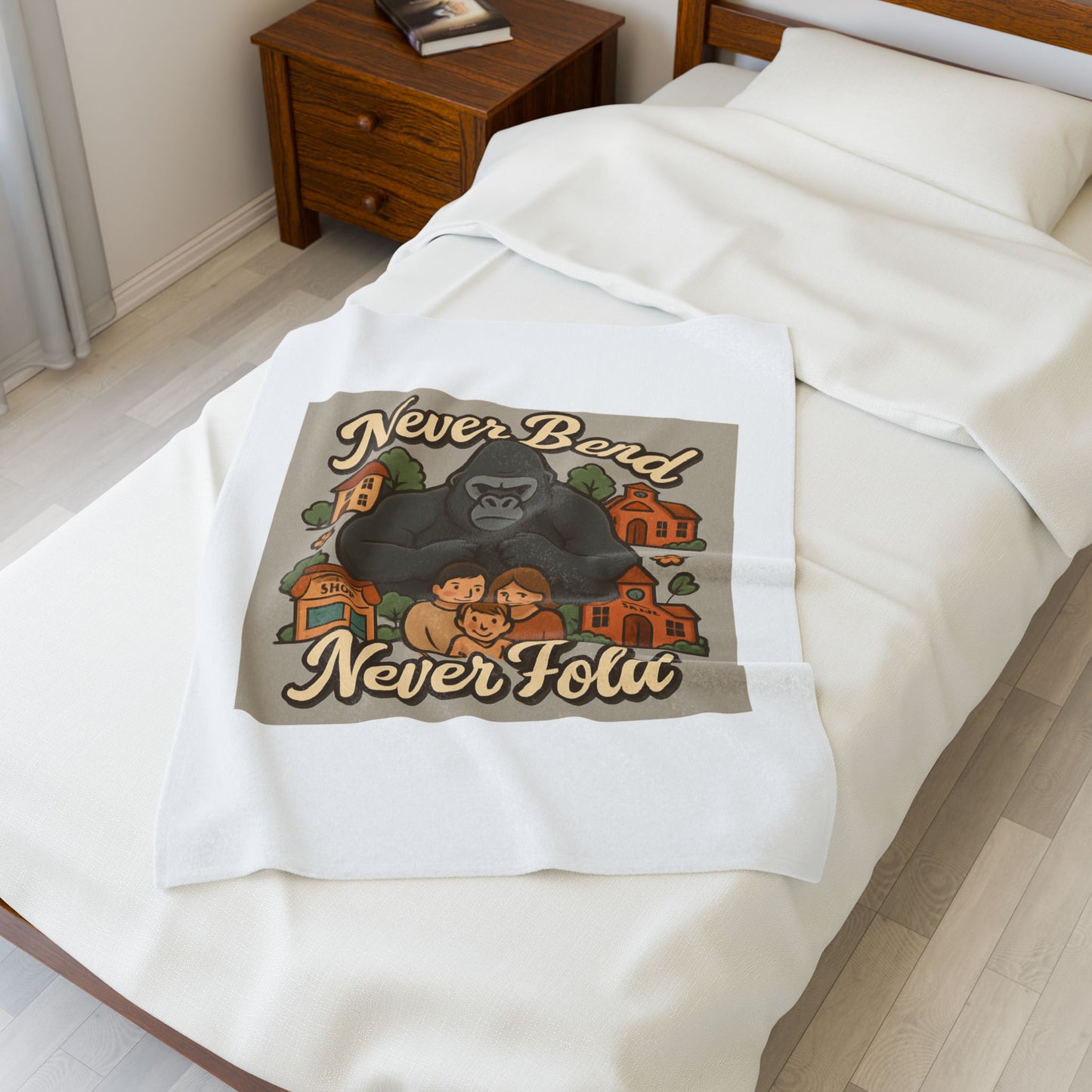 Velveteen Blanket — "Never Bend Never Fold" Gorilla Family Cozy Throw