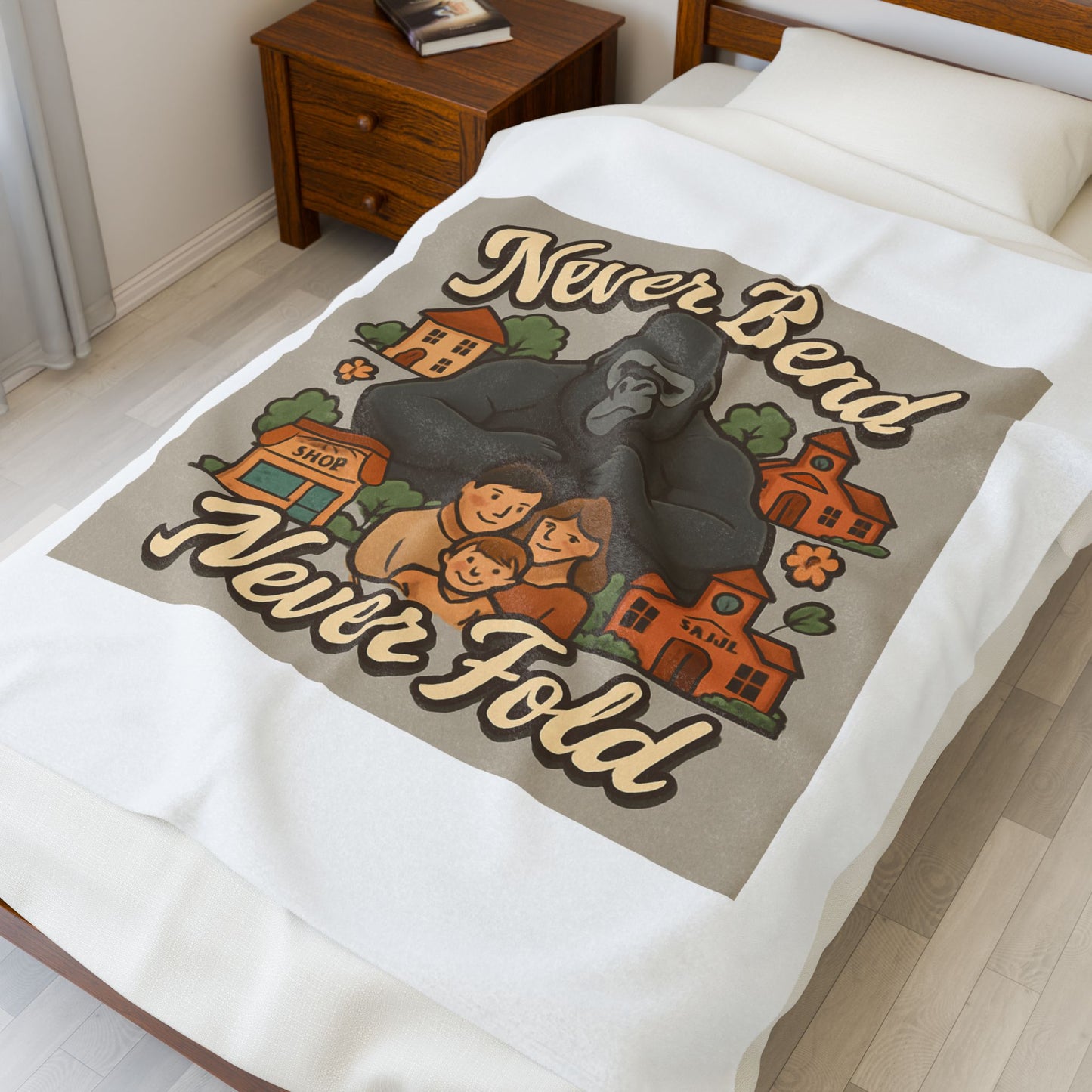 Velveteen Blanket — "Never Bend Never Fold" Gorilla Family Cozy Throw