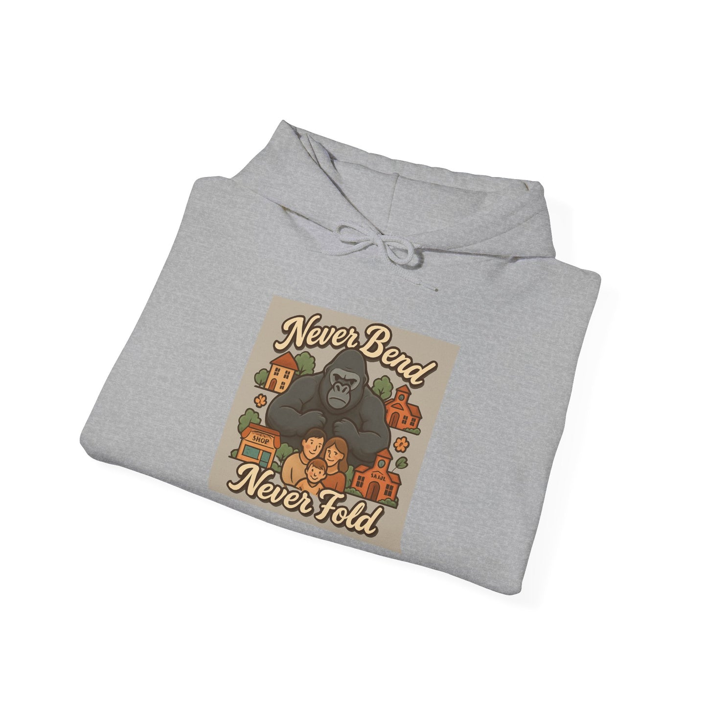 Gorilla 'Never Bend, Never Fold' Hoodie — Retro Strength Graphic Sweatshirt
